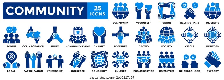  Conjunto de colección de iconos de comunidad. Conteniendo juntos, diversidad, solidaridad, voluntariado, sociedad, amistad, icono de unidad. Ilustración vectorial plana simple