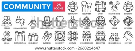 Community icon collection set. Containing together, diversity, solidarity,  volunteer, society, friendship, unity icon. Simple line vector illustration	