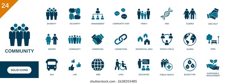 Community icon. Containing people circle, group of people, family, diversity, residential area. Solid vector icons collection.