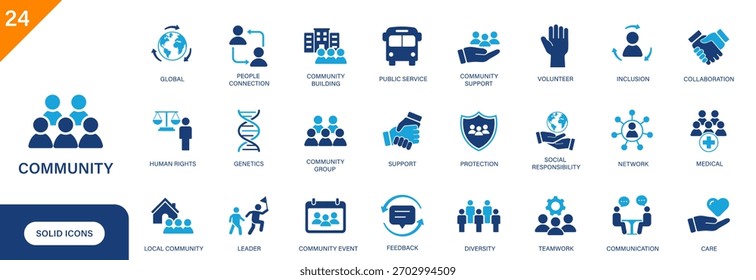 Community icon. Including people, groups, public service, volunteer, connecting people. Solid vector icon set.