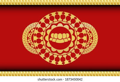 Community icon inside Red and Gold realistic badge. Traditional handsome background. Vector illustration. 