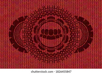Community icon inside Red wool badge. Cloth fancy background. Artistic illustration. 