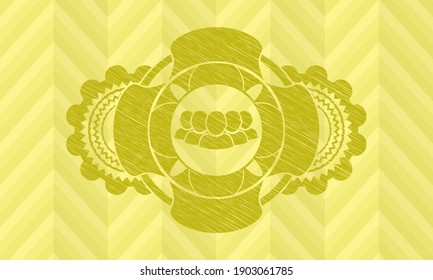 Community icon inside Yellow stroke realistic badge. Lemon classic background. Illustration. 