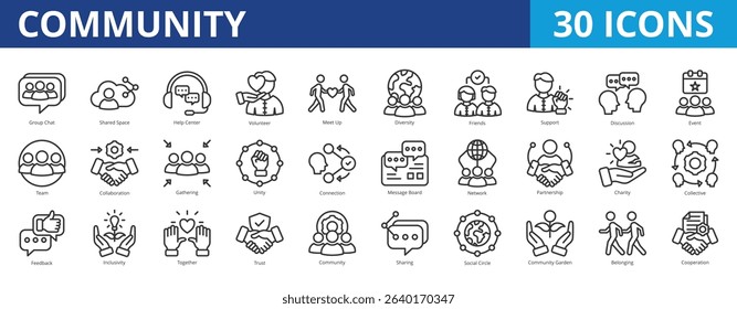 Community icon pack collection set for social media and team management. With help center, volunteer, diversity, support, discussion, event, team, collaboration, gathering, unity and network icon