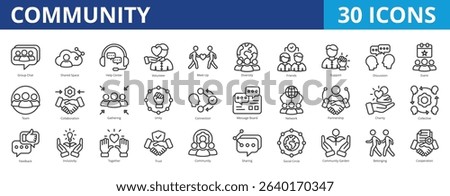 Community icon pack collection set for social media and team management. With help center, volunteer, diversity, support, discussion, event, team, collaboration, gathering, unity and network icon