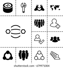 Community icon. set of 13 filled and outline community icons such as heart tag, group, hospital, connection, wrench, add friend, world map, add user