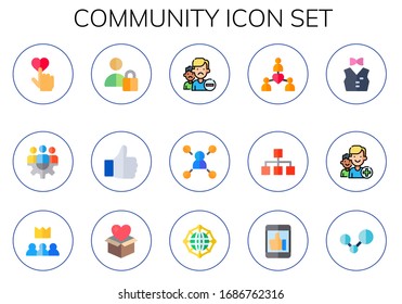 community icon set. 15 flat community icons.  Simple modern icons such as: like, team, user, remove friend, connection, network, staff, add friend, leader, donation