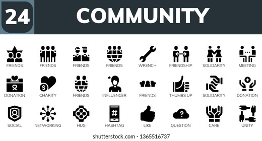 community icon set. 24 filled community icons.  Simple modern icons about  - Friends, Wrench, Friendship, Solidarity, Meeting, Donation, Charity, Influencer, Thumbs up, Social