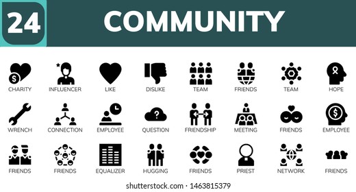 community icon set. 24 filled community icons.  Simple modern icons about  - Charity, Influencer, Like, Dislike, Team, Friends, Hope, Wrench, Connection, Employee, Question, Friendship