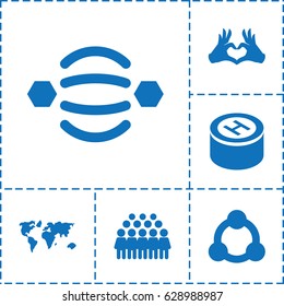 Community icon. set of 6 community filled icons such as group, heart tag, hospital, connection, atom interaction