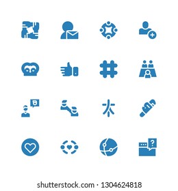 community icon set. Collection of 16 filled community icons included Question, Network, Friendship, Like, Wrench, Characters, Friend, Meeting, Hashtag, Friends, Add user, Connect