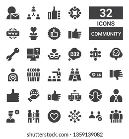 community icon set. Collection of 32 filled community icons included Team, Users, Networking, Like, Friendship, Add user, Employee, User, Network, Dislike, Likes, Meeting, Friend
