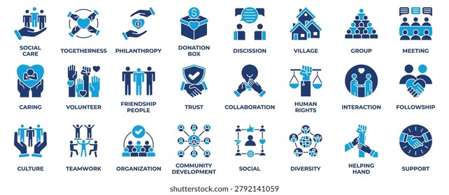 Community icon set collection in dual tone style, an icon pack contain people, group, teamwork, organization, human, culture, social, discussion and friendship and more. Vector Illustration.