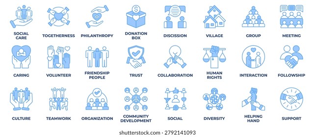 Community icon set collection in lineal blue style, an icon pack contain people, group, teamwork, organization, human, culture, social, discussion and friendship and more. Vector Illustration.