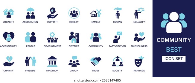 Community icon set collection. Locality, association, support, variety, hamlet, human, equality, people, development, friends, society and best solid icon set.