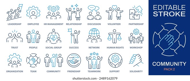 Community icon set. Collection of people, handshake, team, partnership and more. Vector illustration. Editable stroke.