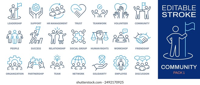 Community icon set. Collection of people, team, partnership, success and more. Vector illustration. Editable stroke.