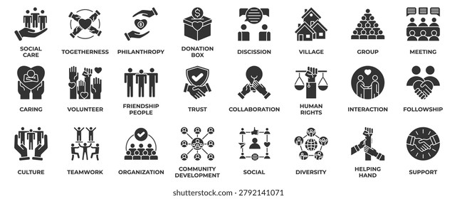 Community icon set collection in solid black style, an icon pack contain people, group, teamwork, organization, human, culture, social, discussion and friendship and more. Vector Illustration.