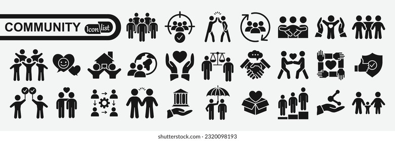 Conjunto de iconos de la comunidad. Conteniendo personas, amistad, social, diversidad, aldea, relaciones, apoyo e íconos de desarrollo comunitario. Colección de iconos sólidos
