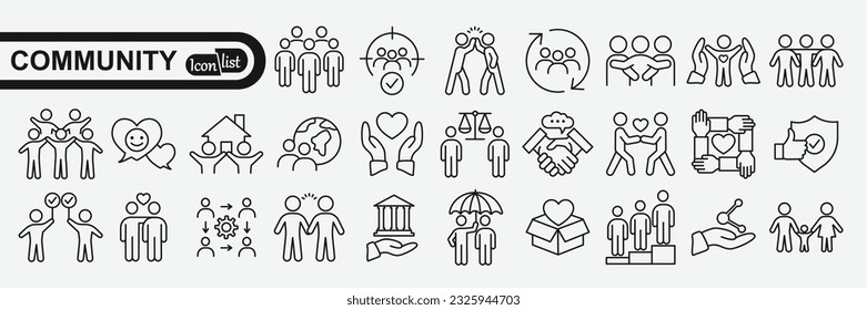 Community icon set. Containing people, friendship, social, diversity, village, relationships, support and community development icons. Solid icon collection