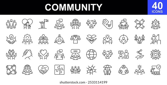 Community icon set. Containing people, friendship, social relationships, support, community development, collection of people, team, partnership, success and more. Vector illustration