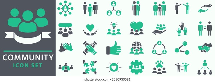 Community icon set. Containing people, friendship, social, diversity, village, relationships, support and community development icons. Set icon collection.