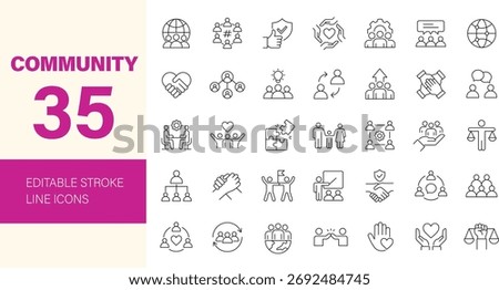 Community icon set. Containing relationship, friendship, social, diversity, support, people, family, love, village, networking and more. Editable line icons. Vector illustration.