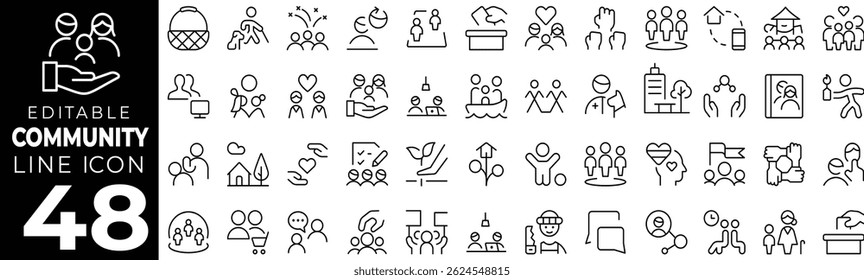 Conjunto de iconos de la comunidad con trazo editable. Colección de iconos de grupo social y comunidad de línea delgada. Ilustración vectorial