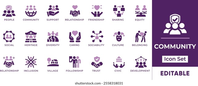 Community Icon Set. Features editable icons for community, people, social, support, relationship, friendship, and more. Perfect for social impact organizations, and community development initiatives.