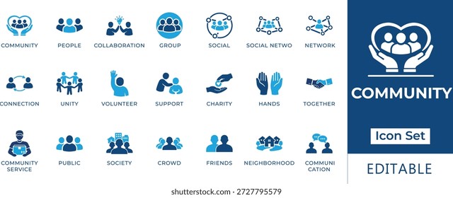 Conjunto de íconos de la comunidad .con colaboraciones, trabajo voluntario, caridad, unidad, sociedad pública, vecindario y símbolos de Asistencia colectiva para las redes sociales.