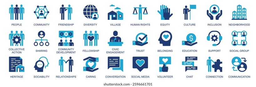 Community icon set in flat duotone solid icons web design. Pack pictograms with people, friendship, diversity, village, human rights, equality, culture, inclusion, trust, other. Vector illustration.