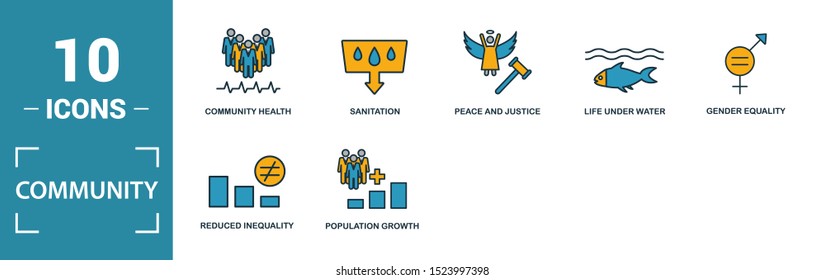 Community icon set. Include creative elements family, gender equality, infrastructure, life under water, peace and justice icons. Can be used for report, presentation, diagram, web design.