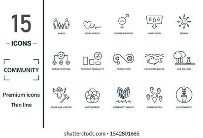 Community icon set. Include creative elements family, gender equality, infrastructure, life under water, peace and justice icons. Can be used for report, presentation, diagram, web design.