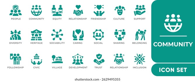 Community Icon Set. Includes editable vector icons for group, collaboration, public network, diversity, support, assistance, and outreach. Perfect for social platforms, NGOs, and team apps.