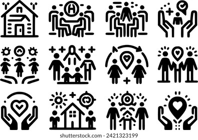 Community icon set. including icons for community development, friendship, social interaction, diversity, village, relationships, and support. excellent assortment of icons.