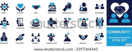 community icon set community, people, group, unity, connection, diversity, teamwork, support You can easily change the color.