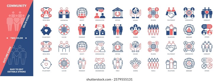 Community icon set. People, Society, Social Media, Sociology, Communication, Religion, Opinion, Neighborhood. Duotone color solid and editable outline icons