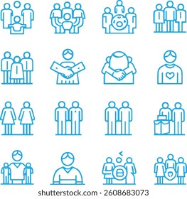 Community icon set, such as people, handshake, team, partnership and more. Vector illustration isolated on white. Editable stroke.