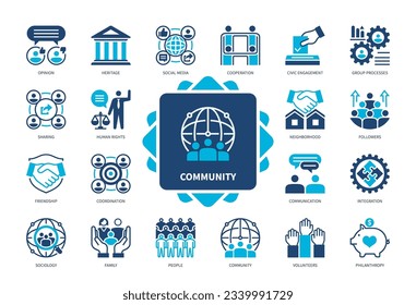 Conjunto de iconos de la comunidad. Apoyo, Sociedad, Medios Sociales, Trabajo en equipo, Comunicación, Derechos Humanos, Opinión, Vecindad. Iconos sólidos de color Duotone