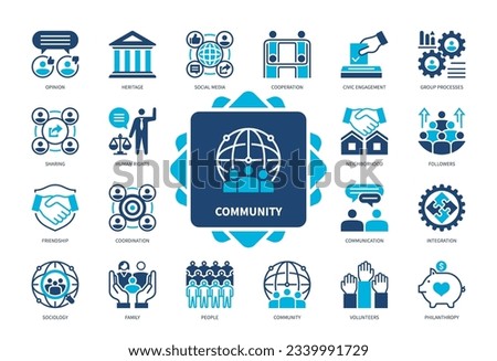 Community icon set. Support, Society, Social Media, Teamwork, Communication, Human Rights, Opinion, Neighbourhood. Duotone color solid icons