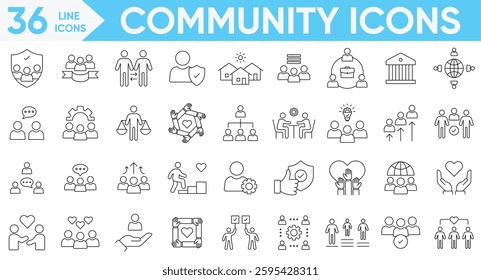 Community icon set.friendship, social, diversity, village, cooperation, family, caring, networking, sociability, interest, relationships, support, community and more.vector and illustrator set.