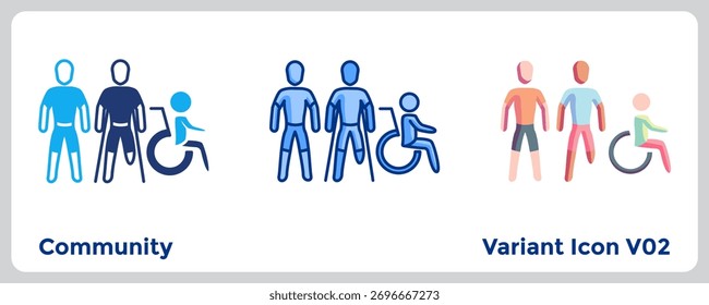 O ícone da comunidade mostra conexão e inclusão entre pessoas com habilidades diversas. Azul, Azul Plano, Estilo Dualtone.