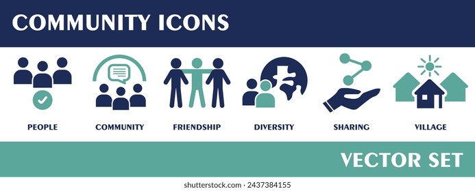 Community icons. Containing people, community, friendship, diversity, sharing, village.  Flat Design Vector Set.