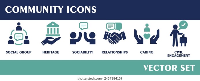 Community icons. Containing social group, heritage, sociability, relationships, caring,  civil engagement. Flat Design Vector Set.