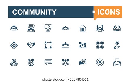 Community icons. It contains symbols to leader, unity, conference, belonging, network and more. Perfect for logos and infographics. Editable vector outline and solid icons.