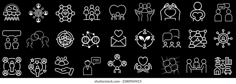 Community icons outline, teamwork symbols, collaboration graphics, networking elements, heart, conversation bubbles, connection web, social unity, people silhouettes, communication, global outreach