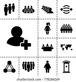 Community icons. set of 13 editable filled community icons such as connection, group, world map, woman, atom interaction, add friend