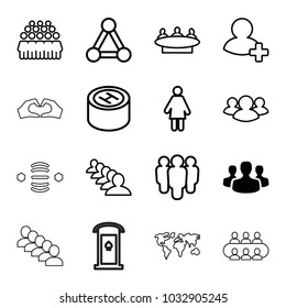 Community icons. set of 16 editable outline community icons such as user group, connection, group, woman, add friend, hospital, door with heart, world map, atom interaction