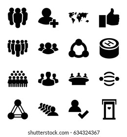 Community icons set. set of 16 community filled icons such as connection, door with heart, group, add friend, hospital, user group, thumb up, atom interaction, add user