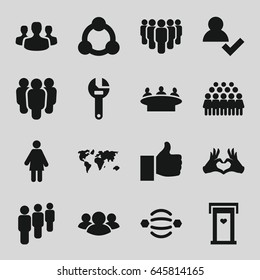 Community icons set. set of 16 community filled icons such as door with heart, group, wrench, heart tag, connection, user group, thumb up, atom interaction, add user